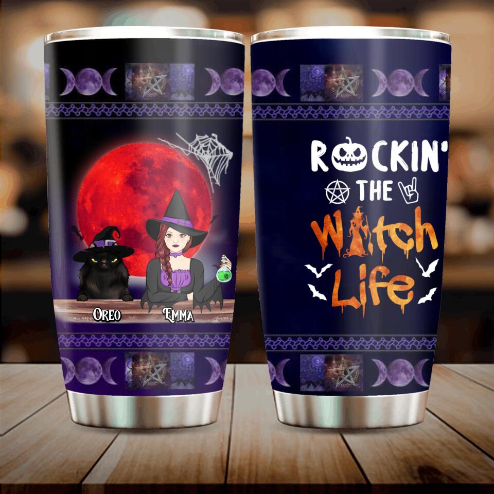 Personalized Pet Witch Tumbler - Up to 3 Pets - Halloween Gift For Dog/Cat Lover - Rockin' The Witch Life