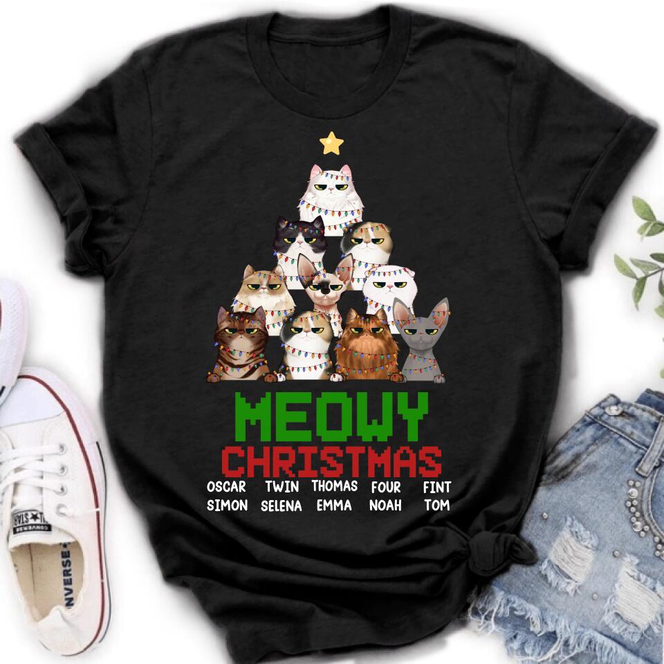 Personalized Meowy Christmas T-shirt/Long Sleeve/Sweatshirt/Hoodie - Up to 10 Cats - Christmas Gift Idea For Cat Lover
