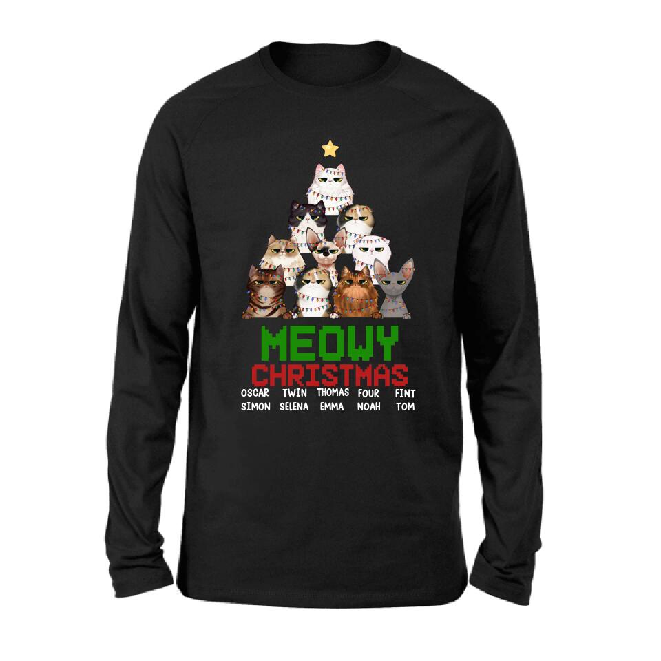 Personalized Meowy Christmas T-shirt/Long Sleeve/Sweatshirt/Hoodie - Up to 10 Cats - Christmas Gift Idea For Cat Lover
