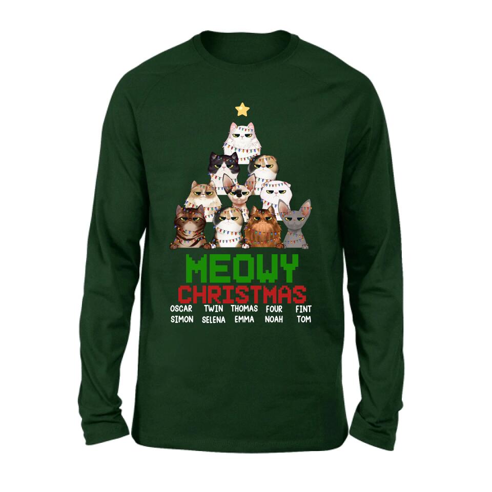Personalized Meowy Christmas T-shirt/Long Sleeve/Sweatshirt/Hoodie - Up to 10 Cats - Christmas Gift Idea For Cat Lover