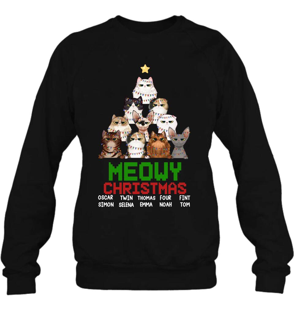 Personalized Meowy Christmas T-shirt/Long Sleeve/Sweatshirt/Hoodie - Up to 10 Cats - Christmas Gift Idea For Cat Lover