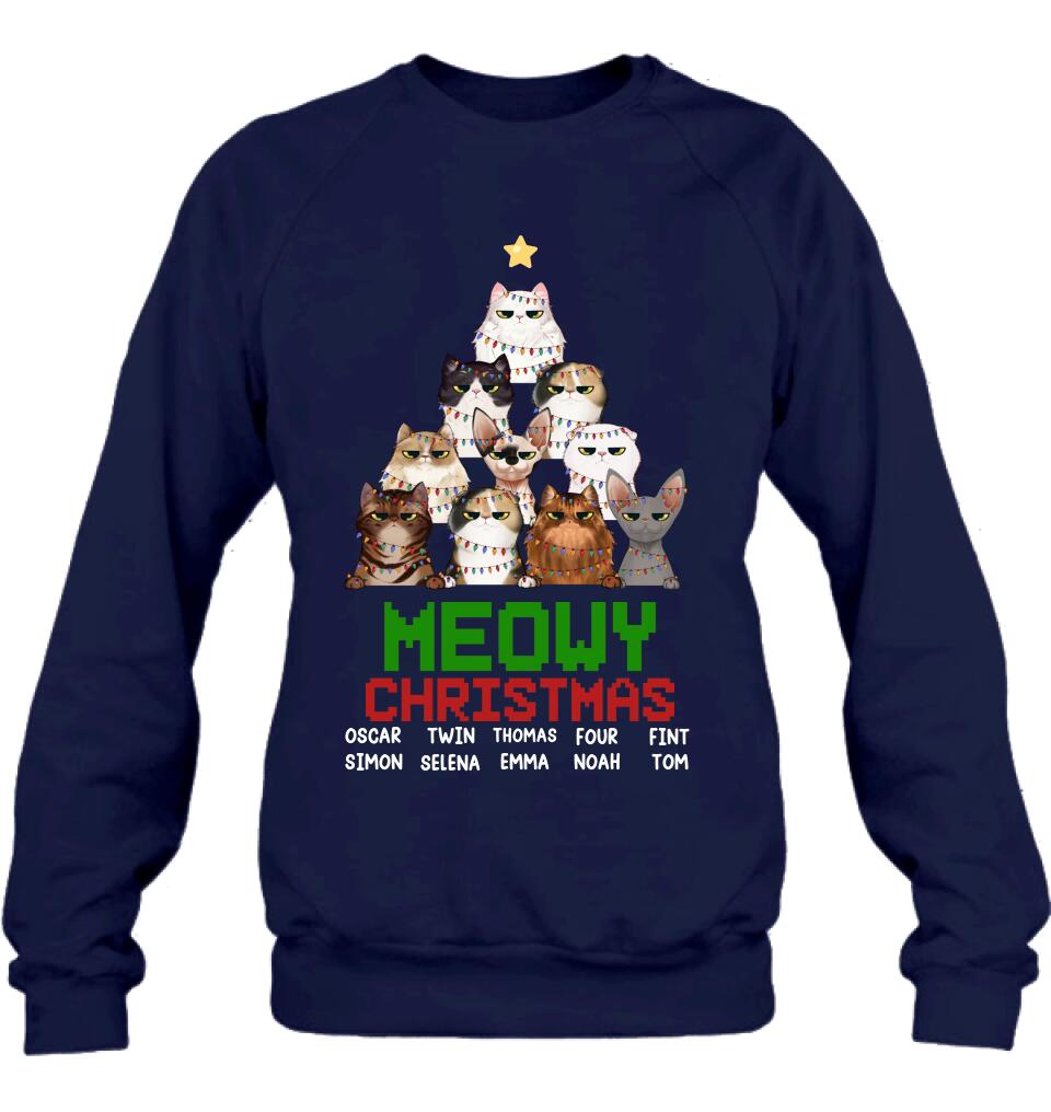 Personalized Meowy Christmas T-shirt/Long Sleeve/Sweatshirt/Hoodie - Up to 10 Cats - Christmas Gift Idea For Cat Lover