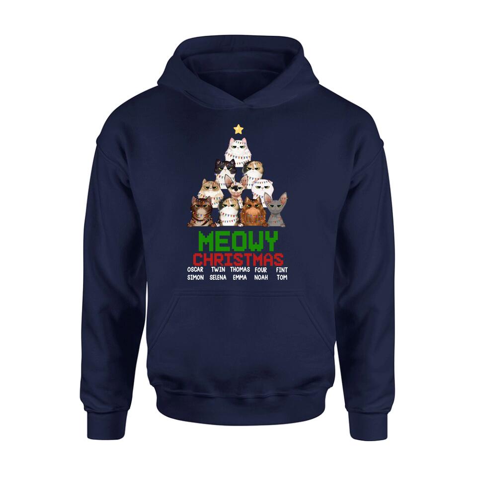 Personalized Meowy Christmas T-shirt/Long Sleeve/Sweatshirt/Hoodie - Up to 10 Cats - Christmas Gift Idea For Cat Lover