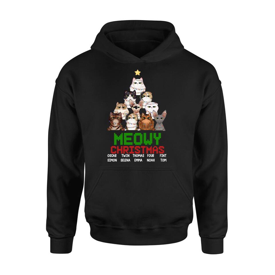 Personalized Meowy Christmas T-shirt/Long Sleeve/Sweatshirt/Hoodie - Up to 10 Cats - Christmas Gift Idea For Cat Lover