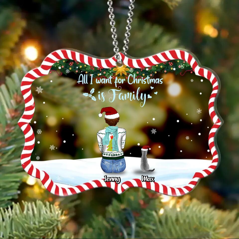 Personalized Christmas Family Rectangle Wooden/Acrylic Ornament - Gift Idea For Family/Christmas - Couple/Parents With Up To 3 Kids And 3 Pets - All I Want For Christmas Is Family