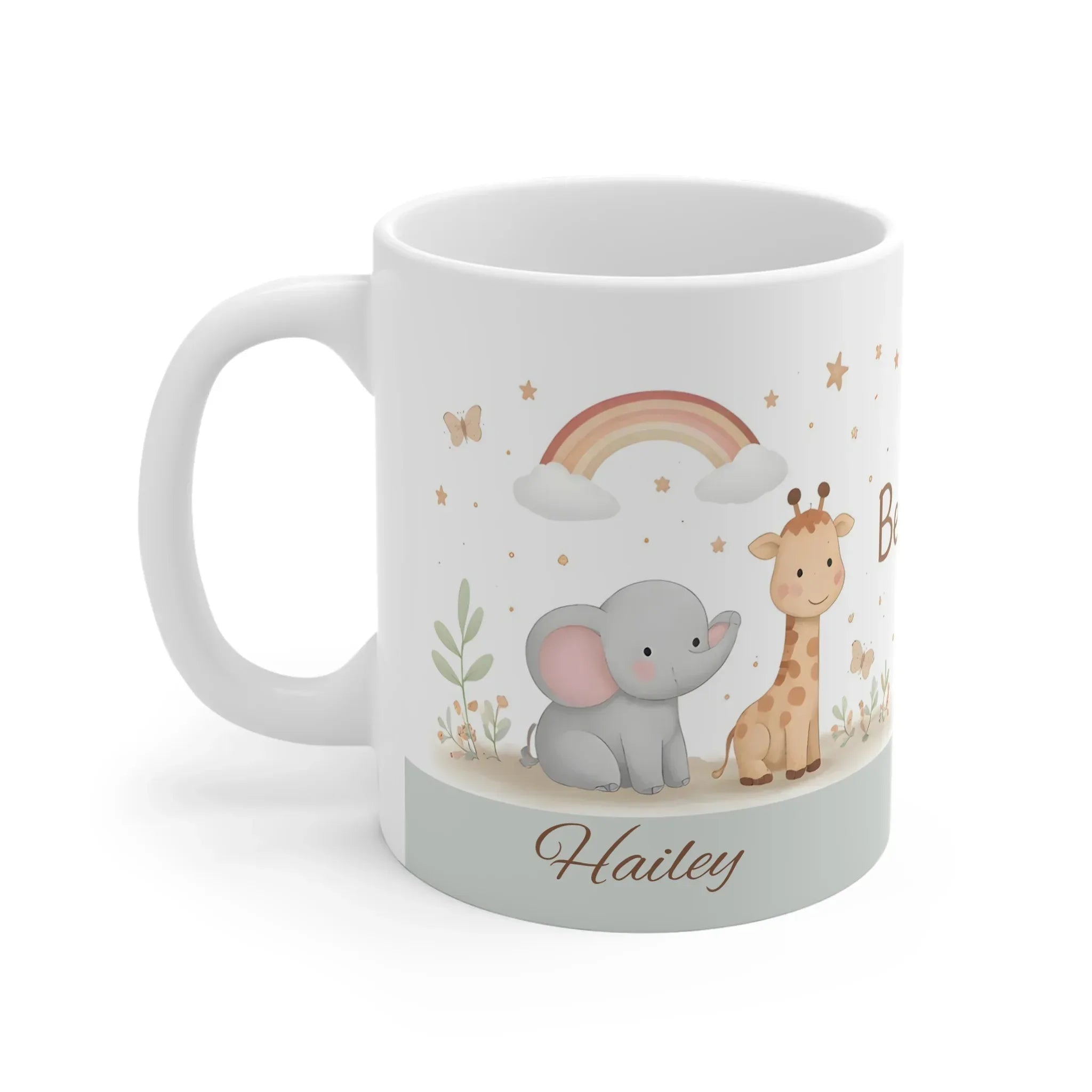 Be Happy Safari Mug — Personalized Cute Giraffe & Elephant Baby Shower Gift