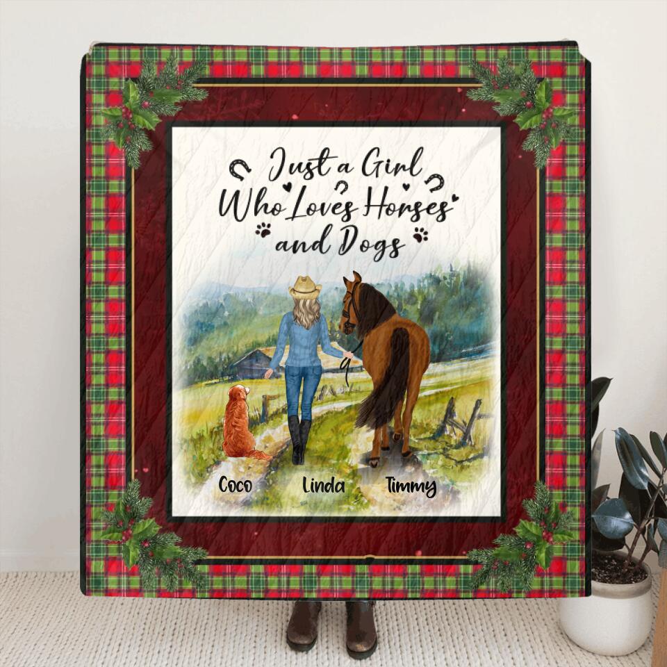 Personalized Dog & Horse Fleece Throw Blanket/Quilt/Pillow Cover - Gift Idea For Dog/Horse Lovers - Just A Girl Who Loves Horses And Dogs
