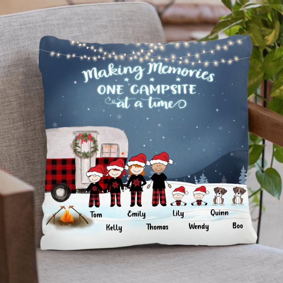 Personalized Christmas Camping Family Pillow Cover - Couple/Parents with up to 4 Children and 2 Pets - Christmas Gift For Couple/Family - Making Memories One Campsite At A Time