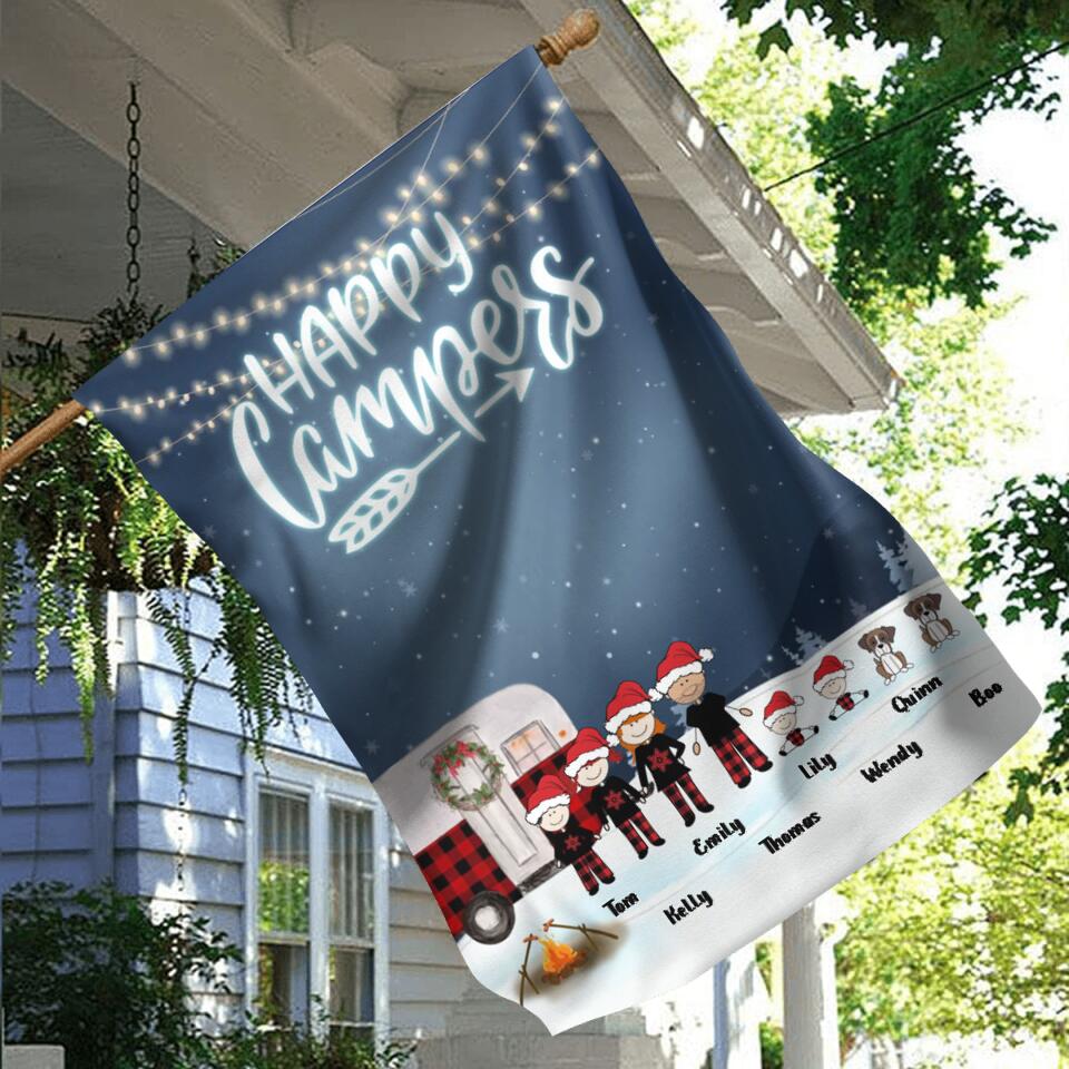 Personalized Christmas Camping Family Flag - Couple/Parents with up to 4 Children and 2 Pets - Christmas Gift For Couple/Family - Happy Campers