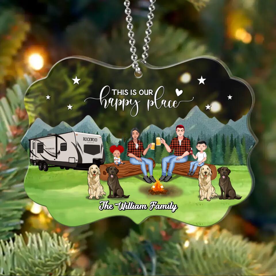 Personalized Camping Acrylic Ornament - Gift Idea For Camping Lover/Dog Lover/Couple/Family - Couple/Parents With Up to 2 Kids And 4 Dogs - This Is Our Happy Place