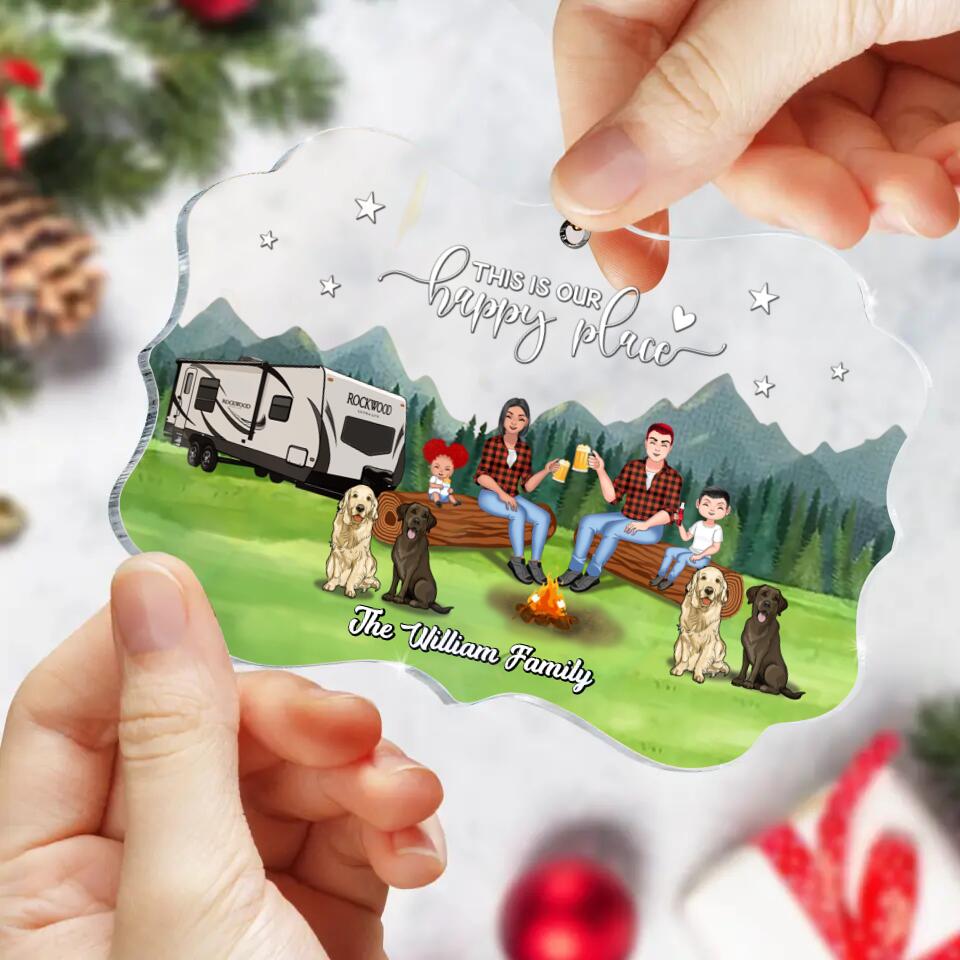 Personalized Camping Acrylic Ornament - Gift Idea For Camping Lover/Dog Lover/Couple/Family - Couple/Parents With Up to 2 Kids And 4 Dogs - This Is Our Happy Place