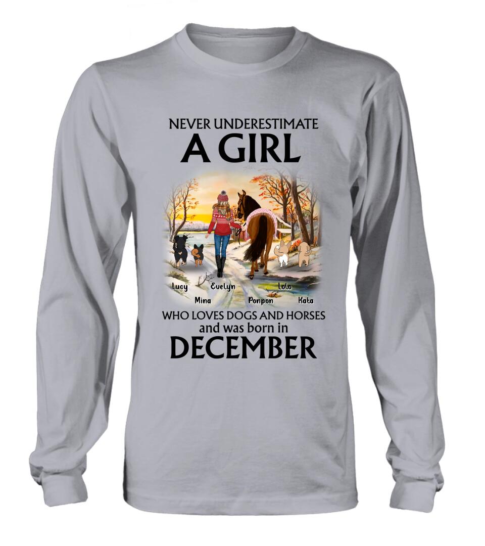 Personalized Dogs And A Horse Shirt - Up to 4 Dogs - Christmas Gift Idea For Horse/Dog Owners - Never Underestimate A Girl Who Loves Dogs And Horses