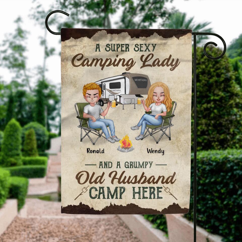 Personalized Camping Couple Flag Sign - Gift Idea For Couple/Camping Lovers - A Super Sexy Camping Lady And A Grumpy Old Husband Camp Here