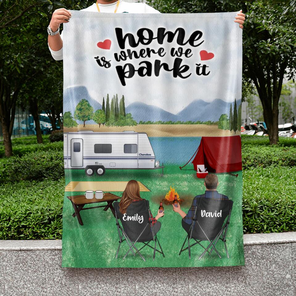 Personalized Camping Flag Sign - Gift Idea For Couple/Family/ Camping Lover - Couple/Parents With Up to 2 Kids And 3 Dogs - Home Is Where We Park It