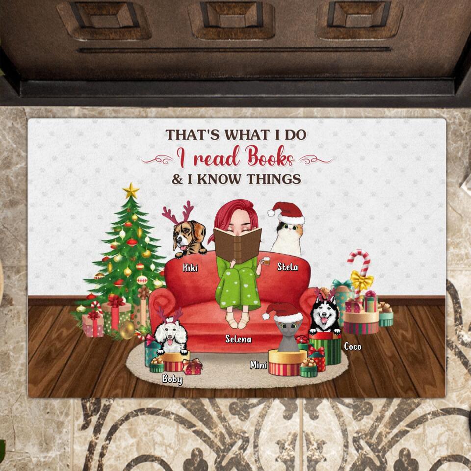 Personalized Reading Book Doormat - Girl With Up to 5 Pets - Christmas Gift Idea For Book/Dog/Cat Lover - That's What I Do I Read Books & I Know Things
