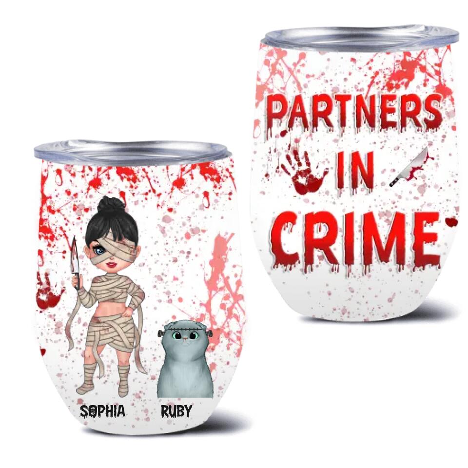Personalized Halloween Wine Tumbler - Gift Idea For Best Friend/Halloween/Cat Lover with up to 4 Cats - Partners In Crime