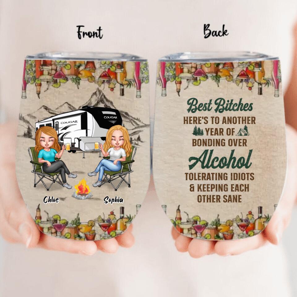 Personalized Camping Friends Wine Tumbler - Up to 7 People - Gift Idea For Friends/Camping Lover - Here's To Another Year Of Bonding Over Alcohol