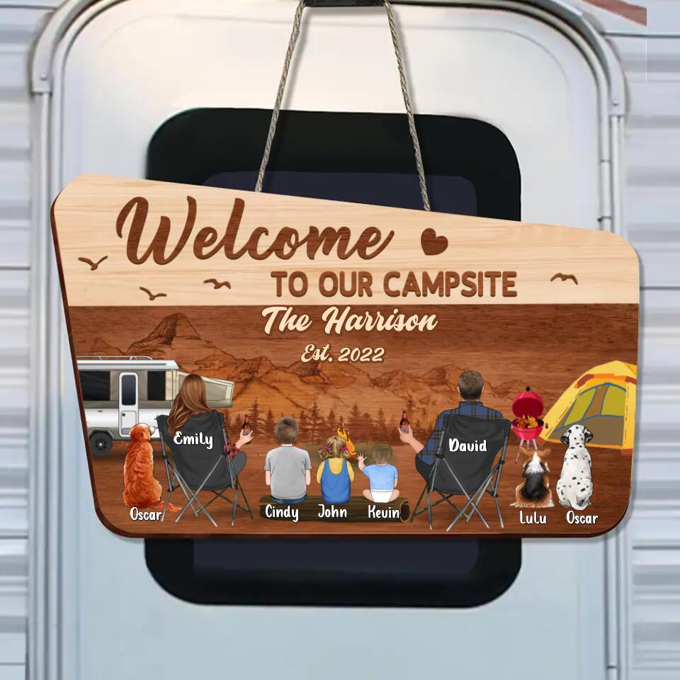 Personalized Camping Family Wooden Sign - Couple/Parents/Single Parent With Up to 3 Kids And 3 Pets - Gift Idea For Family/Camping/Dog/Cat Lovers - Welcome To Our Campsite