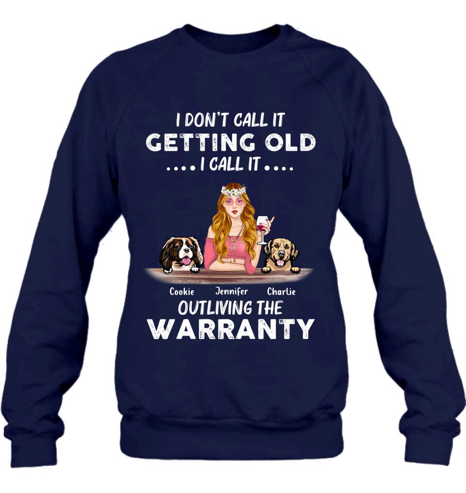 Personalized Hippie Girl T-shirt/Long Sleeve/Sweatshirt/Hoodie - Girl With Up to 2 Dogs - Gift Idea For Hippies/Dog Lovers - I Don't Call It Getting Old I Call It Outliving The Warranty