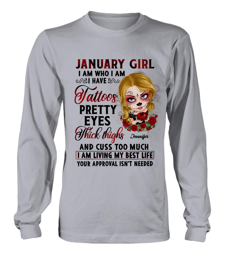 Custom Personalized Skull Girl T-shirt/ Long Sleeve/ Sweatshirt/ Hoodie - Skull Gift For Girl/  Birthday Gift - January Girl I Am Who I Am