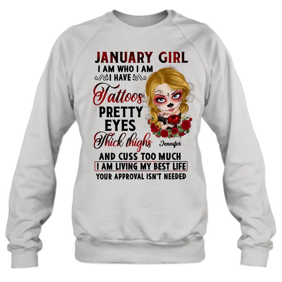 Custom Personalized Skull Girl T-shirt/ Long Sleeve/ Sweatshirt/ Hoodie - Skull Gift For Girl/  Birthday Gift - January Girl I Am Who I Am
