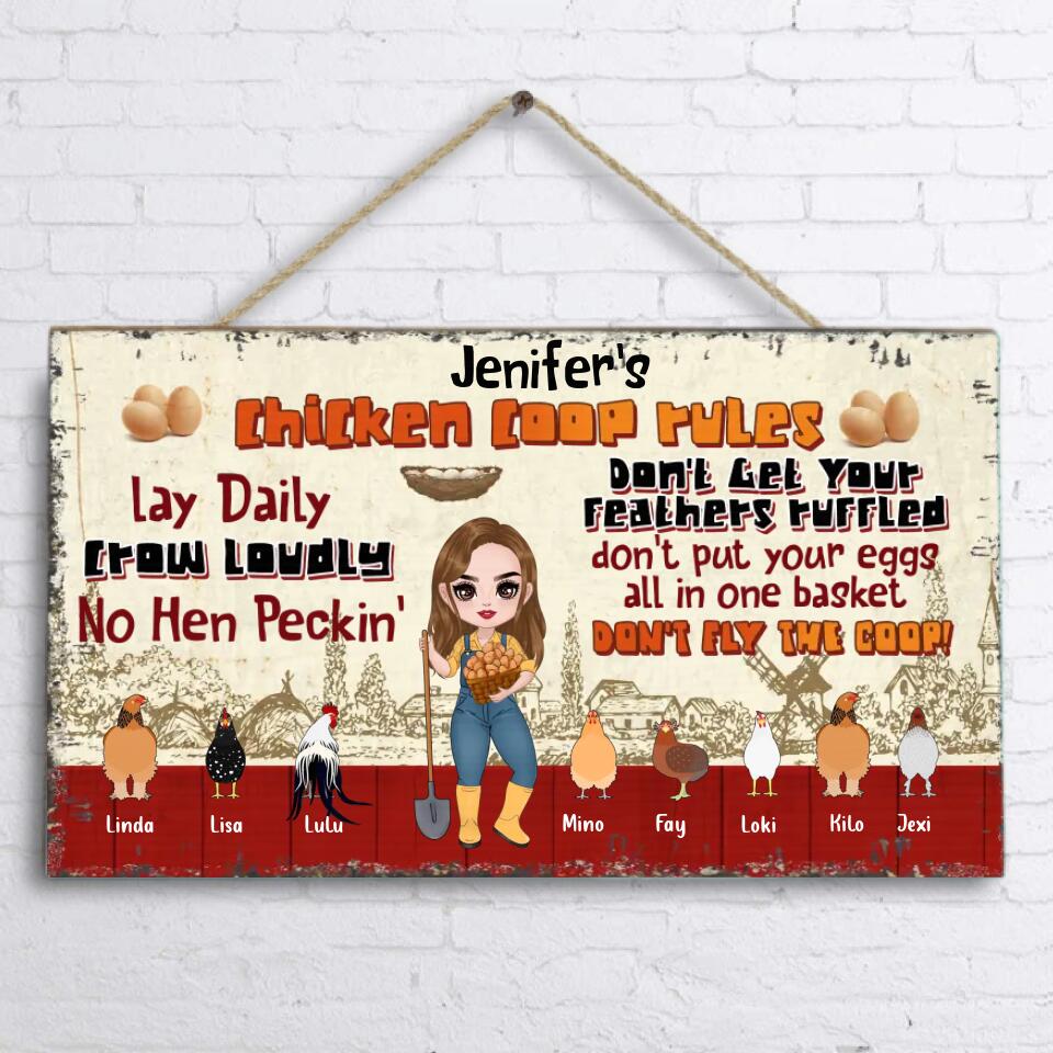Personalized Chicken Coop Rules Wooden Sign - Gift Idea For Chicken Lovers - Man/Woman With Up to 8 Chickens - Lay Daily Crow Loudly