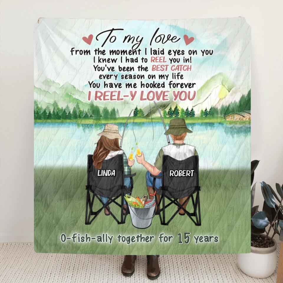 Personalized Fishing Couple Quilt/Fleece Throw Blanket - Gift Idea For Couple/Fishing Lovers -  To My Love I Reel-y Love You