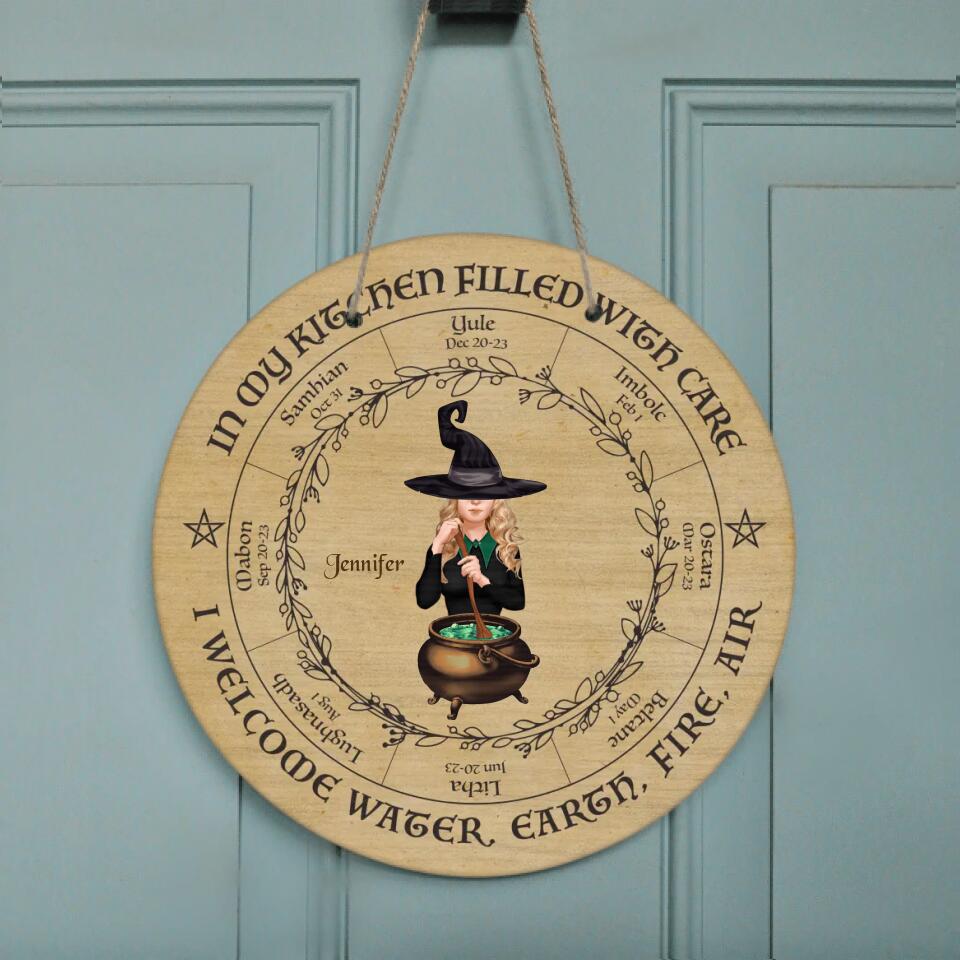 Custom Personalized Witch Circle Wooden Sign - Home/ Kitchen Decor Gift Idea - In My Kitchen Filled With Care I Welcome Water Earth Fire Air