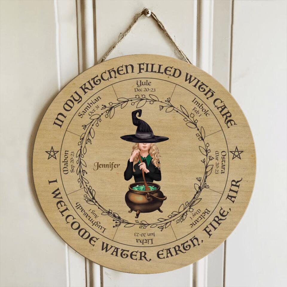 Custom Personalized Witch Circle Wooden Sign - Home/ Kitchen Decor Gift Idea - In My Kitchen Filled With Care I Welcome Water Earth Fire Air