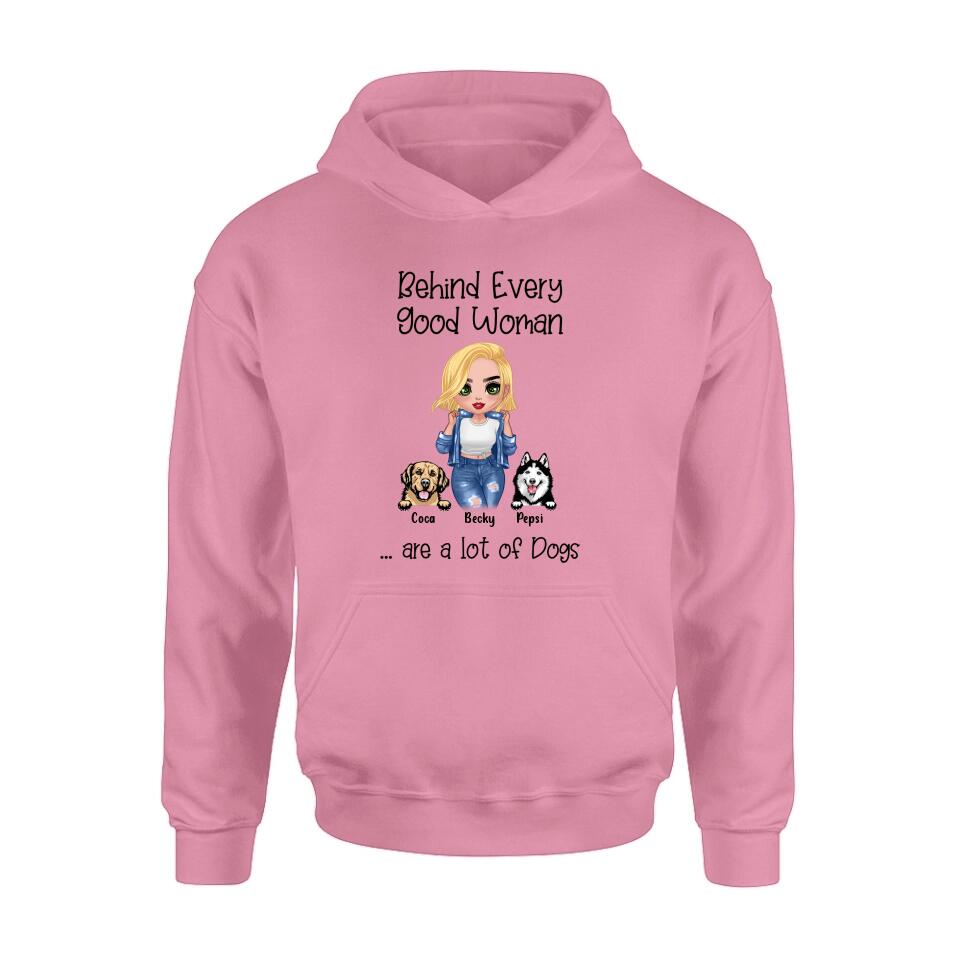 Personalized Pet Mom T-Shirt/Long Sleeve/Sweatshirt/Hoodie - Up to 6 Pets - Gift Idea For Dog/Cat Lover - Behind Every Good Woman Are A Lot Of Dogs