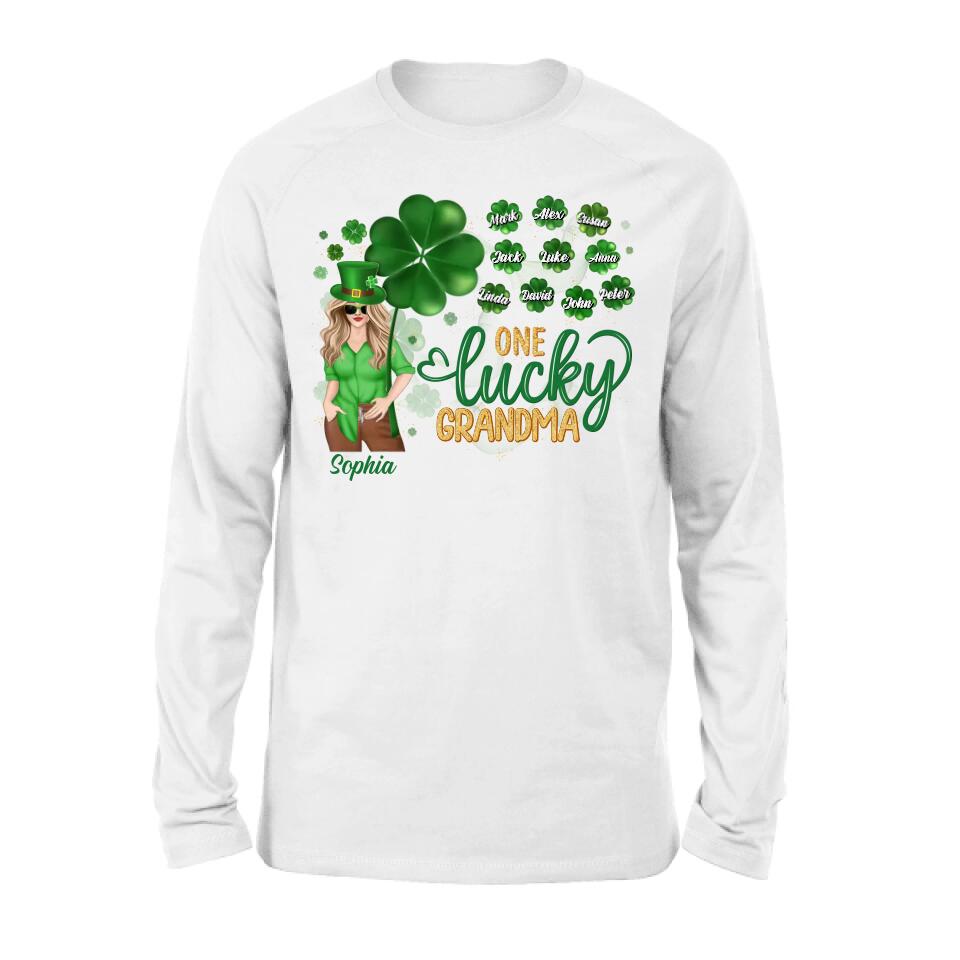 Personalized Grandma T-shirt/Hoodie/Long Sleeve/Sweatshirt - Mother's Day Gift For Grandma - Up to 10 Kids - St. Patrick's Day Shirt One Lucky Grandma