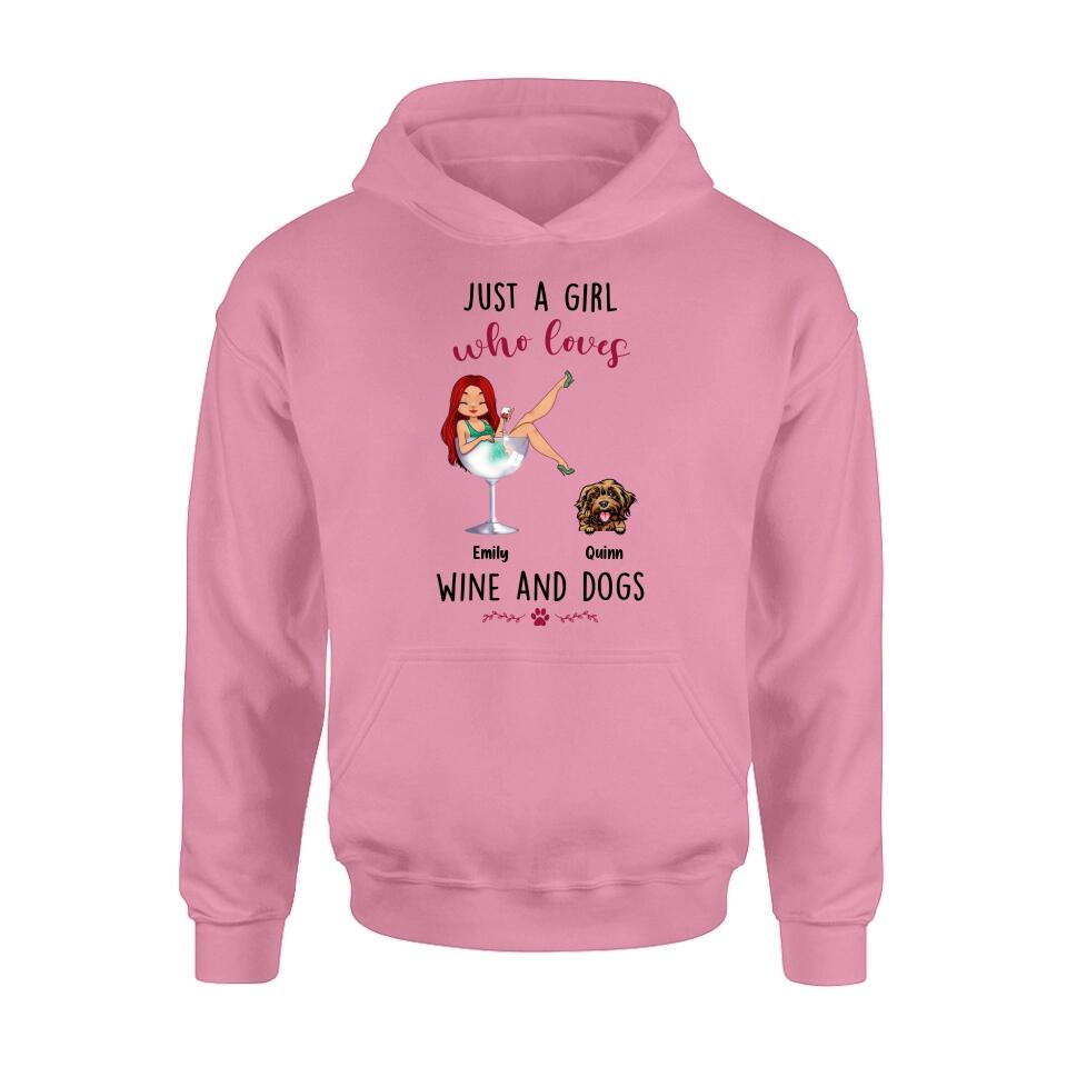 Personalized Dog Mom T-shirt/Long Sleeve/Sweatshirt/Hoodie - Up to 4 Dogs - Gift Idea For Dog Lover - Just A Girl Who Loves Wine And Dogs