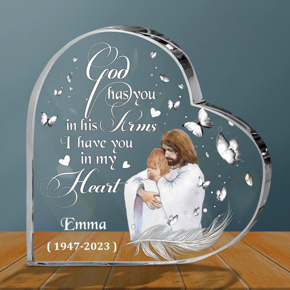 Personalized Safe In The Arms Of Jesus Acrylic Plaque - Memorial Gift Idea For Family Member - God Has You In His Arms I Have You In My Heart