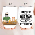 Personalized Pet Lovers Wine Tumbler - Gift Idea For Friends/Besties/Family - Happiness Is An Old Man With A Beer And A Cat Sitting Near