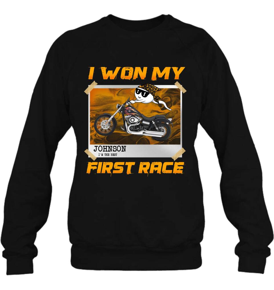 Custom Personalized Sperm Racing T-shirt/ Long Sleeve/ Sweatshirt/ Hoodie - Birthday Gift For Motorcycle Lover - I Won My First Race