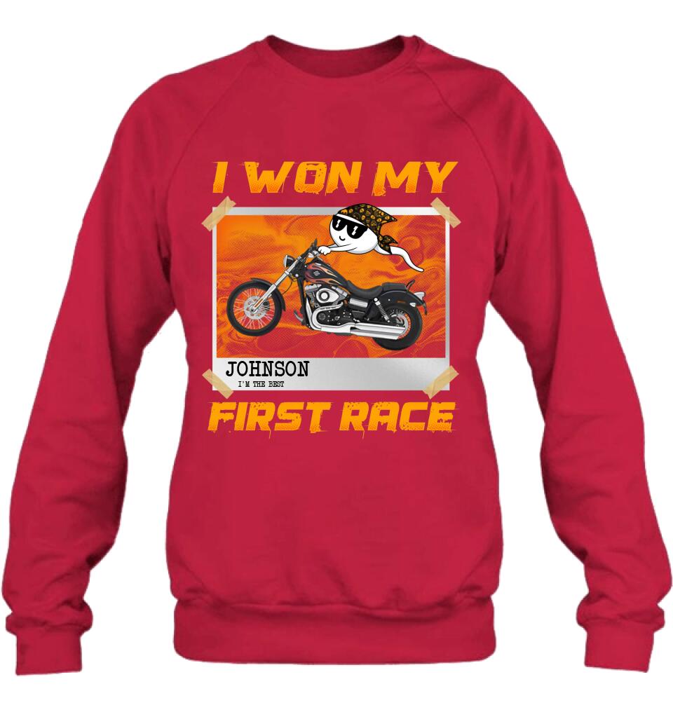 Custom Personalized Sperm Racing T-shirt/ Long Sleeve/ Sweatshirt/ Hoodie - Birthday Gift For Motorcycle Lover - I Won My First Race