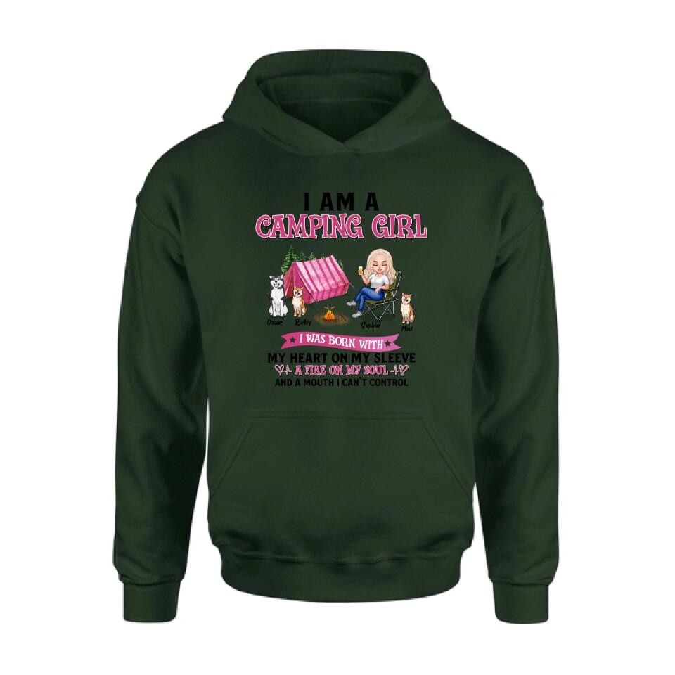 Personalized Camping T-shirt/Hoodie/Sleeve/Sweater - Gift for Camping Lovers, Dog Lovers - Camping Queen Dog Mom - Up to 3 Dogs - I am a camping girl