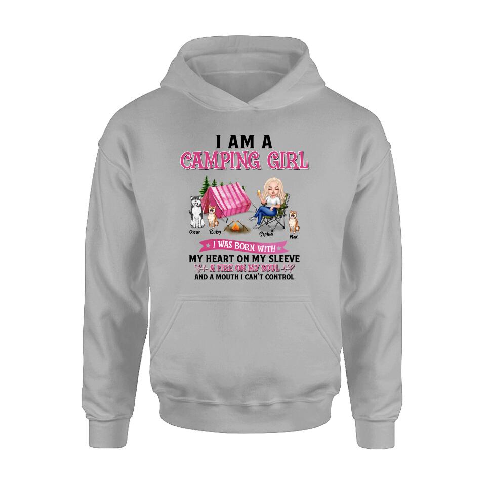 Personalized Camping T-shirt/Hoodie/Sleeve/Sweater - Gift for Camping Lovers, Dog Lovers - Camping Queen Dog Mom - Up to 3 Dogs - I am a camping girl