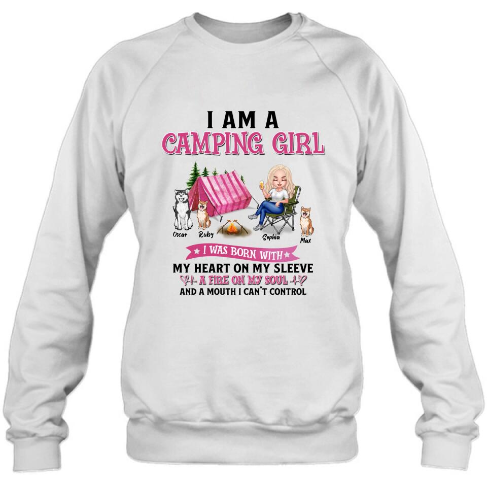 Personalized Camping T-shirt/Hoodie/Sleeve/Sweater - Gift for Camping Lovers, Dog Lovers - Camping Queen Dog Mom - Up to 3 Dogs - I am a camping girl