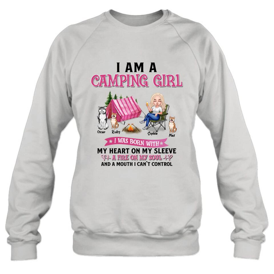 Personalized Camping T-shirt/Hoodie/Sleeve/Sweater - Gift for Camping Lovers, Dog Lovers - Camping Queen Dog Mom - Up to 3 Dogs - I am a camping girl