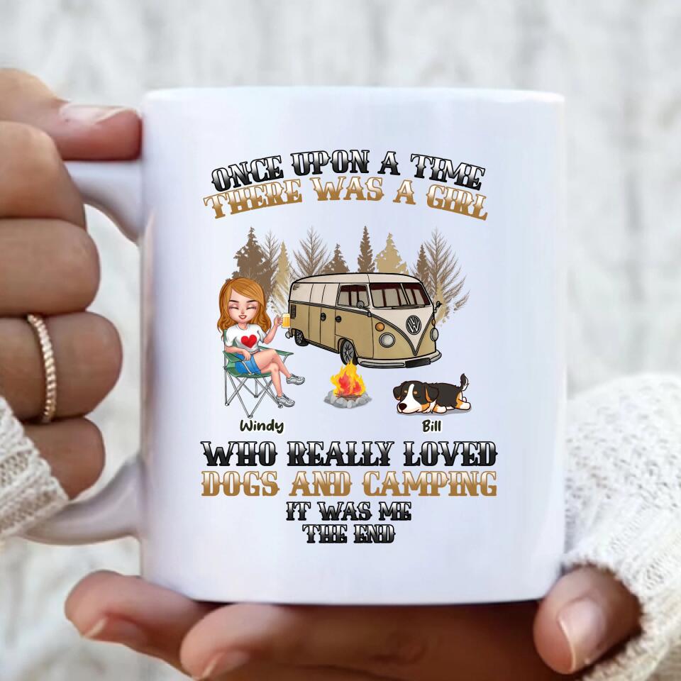 Personalized Dog Camping Queen Coffee Mug - Gift Idea For Camping Lovers/Friends/Dog Mom - Up to 3 Dogs - Once Upon A Time There Was A Girl Who Really Loved Dogs And Camping It Was Me The End