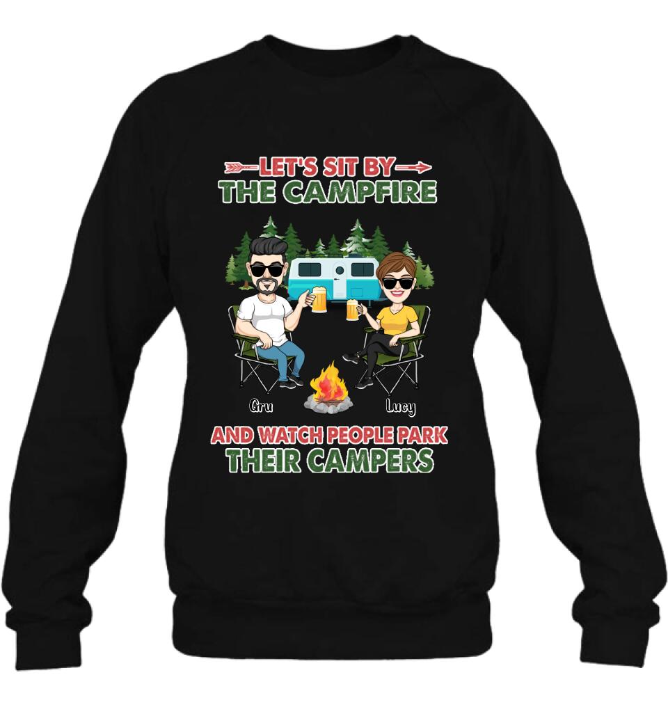 Personalized Couple With Dogs Camping Shirt/Hoodie - Couple With Up to 4 Dogs - Gift For Couple/Camping/Dog Lover - Let's Sit By The Campfire