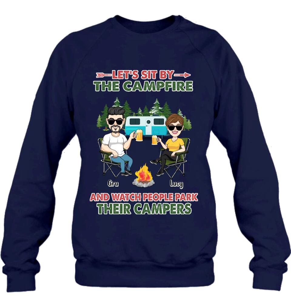 Personalized Couple With Dogs Camping Shirt/Hoodie - Couple With Up to 4 Dogs - Gift For Couple/Camping/Dog Lover - Let's Sit By The Campfire