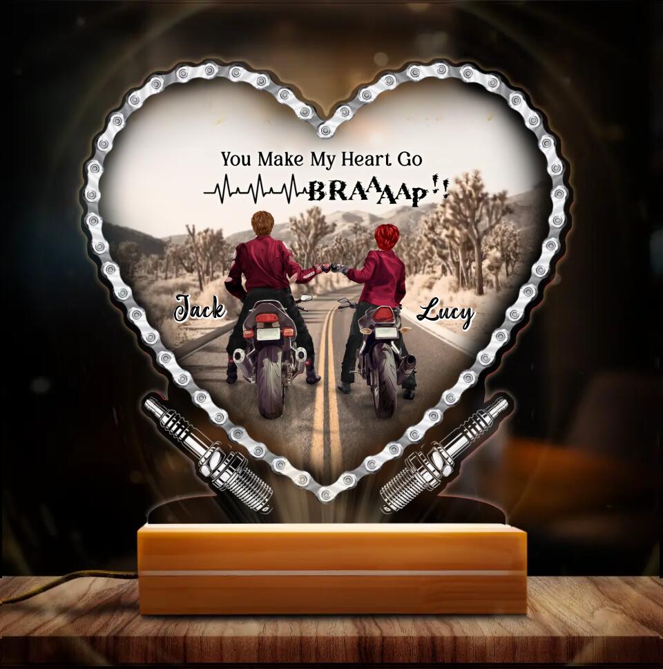 Custom Personalized Motorcycle Couple Acrylic Night Light - Gift Idea For Couple/ Motorbike Lovers - You Make My Heart Go Braaaap!!