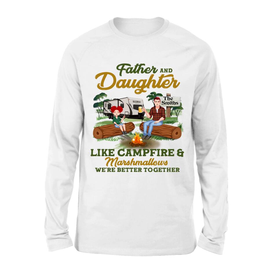 Personalized Camping Dad Shirt/Pullover Hoodie - Father's Day Gift For Camping Lover - Dad/Parents With Up to 2 Kids And 4 Dogs - Father And Daughter Like Campfire & Marshmallows
