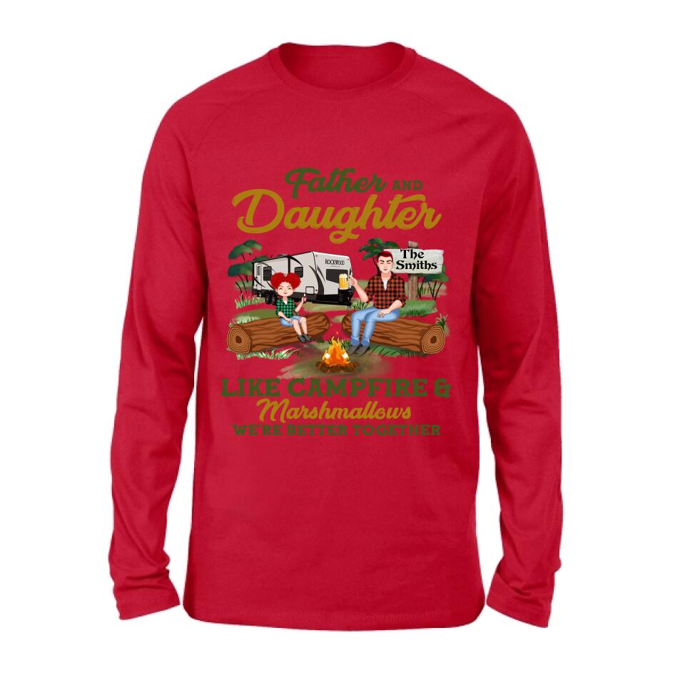 Personalized Camping Dad Shirt/Pullover Hoodie - Father's Day Gift For Camping Lover - Dad/Parents With Up to 2 Kids And 4 Dogs - Father And Daughter Like Campfire & Marshmallows