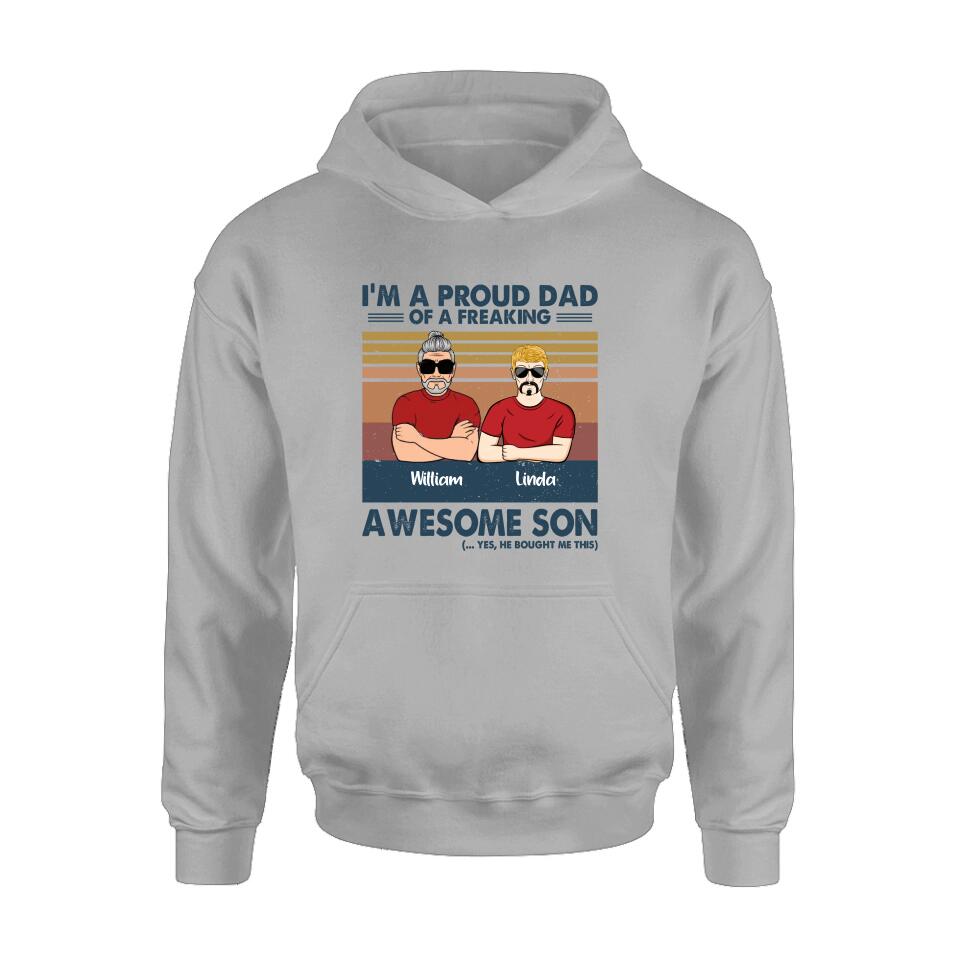 Personalized Parent With Children Shirt/Long Sleeve/Hoodie/Sweatshirt - Gift Idea For Mother's Day/Father's Day - Up to 4 Children - I'm A Proud Dad Of A Freaking Awesome Son