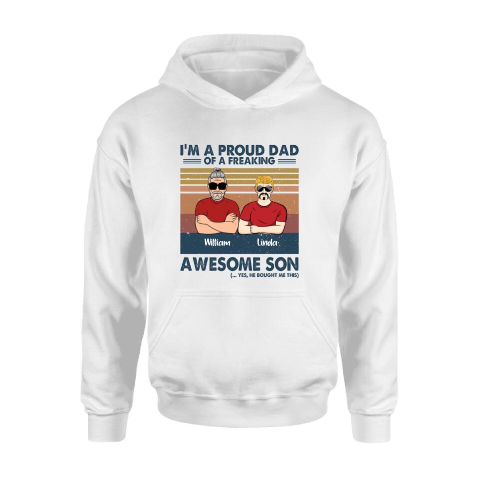 Personalized Parent With Children Shirt/Long Sleeve/Hoodie/Sweatshirt - Gift Idea For Mother's Day/Father's Day - Up to 4 Children - I'm A Proud Dad Of A Freaking Awesome Son