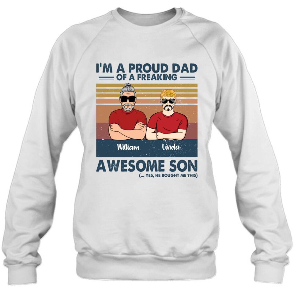 Personalized Parent With Children Shirt/Long Sleeve/Hoodie/Sweatshirt - Gift Idea For Mother's Day/Father's Day - Up to 4 Children - I'm A Proud Dad Of A Freaking Awesome Son