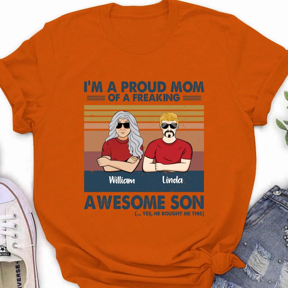 Personalized Parent With Children Shirt/Long Sleeve/Hoodie/Sweatshirt - Gift Idea For Mother's Day/Father's Day - Up to 4 Children - I'm A Proud Mom Of A Freaking Awesome Son